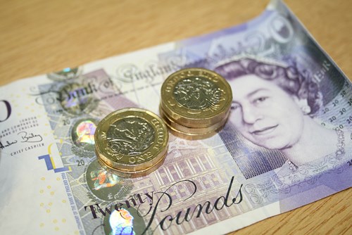 Image of a £20 note and £1 coins