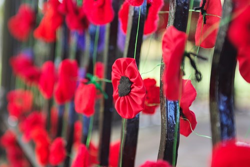 Image of railings adorned with fabric poppies