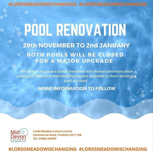 Pool renovation advert for Lords Meadow Leisure Centre