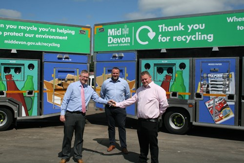 Image of new RomaQuip recycling lorry key handover from SFS to Councillor Luke Taylor